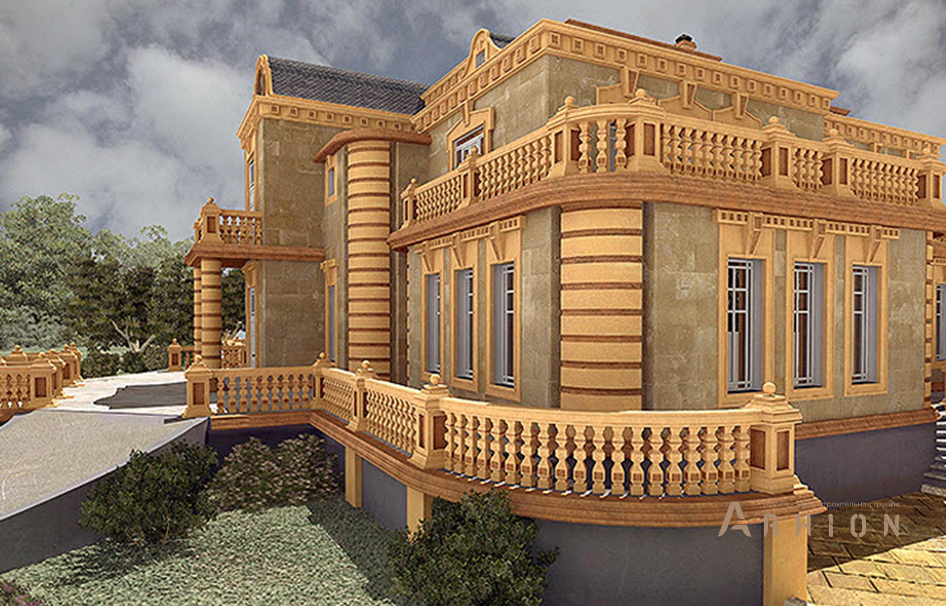 4. Проект двухэтажного дома в замковом стиле с многоскатной кровлей, SOV-9, площадью - 959 кв c цокольным этажом, сауной, терассой, балконом